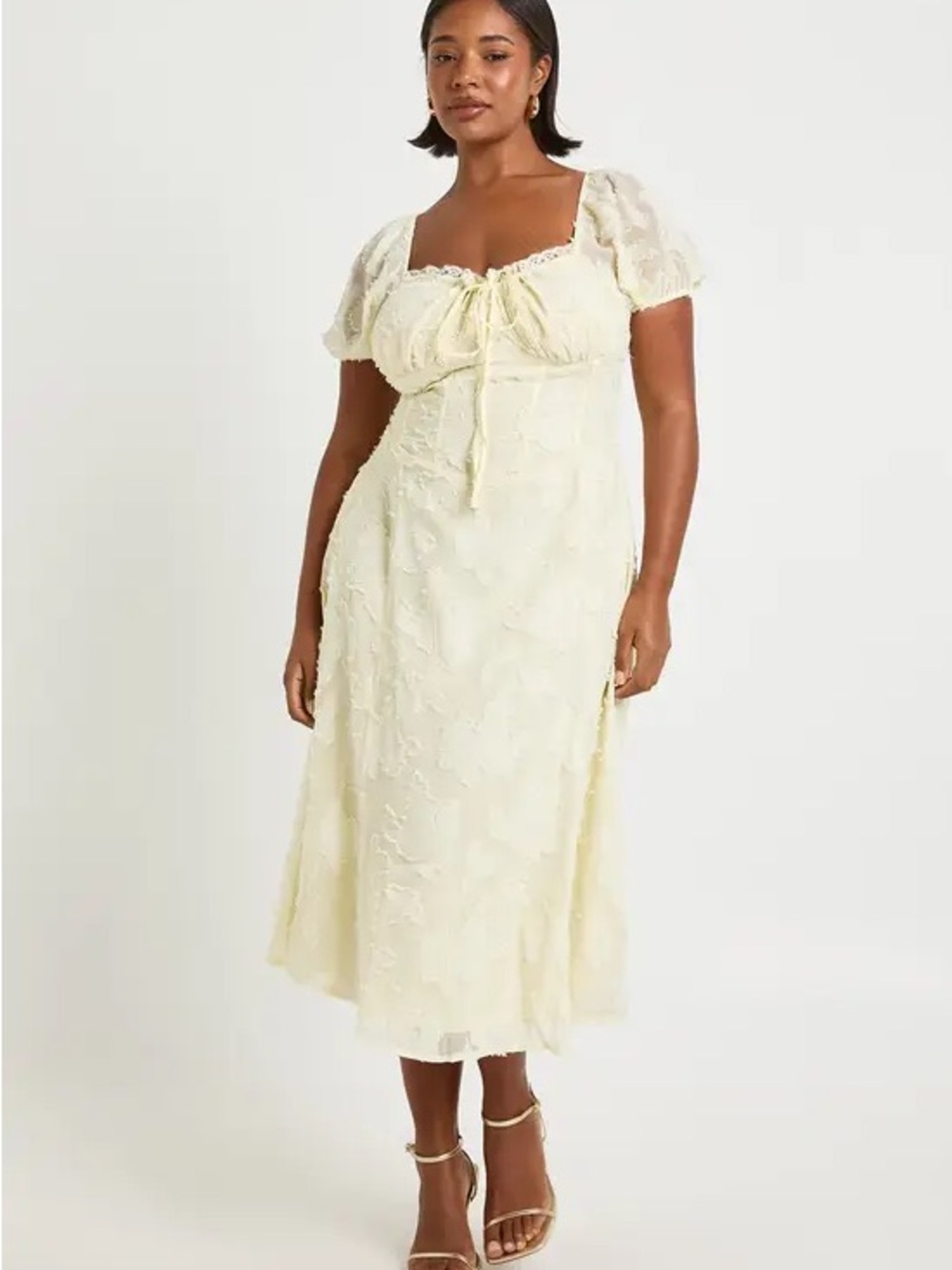 Boohoo Pale Cream Embroidered Midi Dress with Puff Sleeves